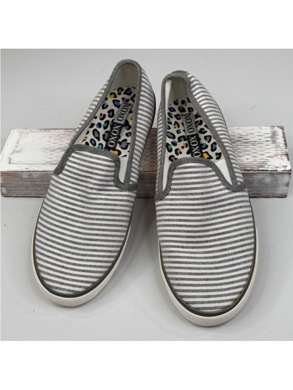 XOXO Women's Slip On Canvas Sneakers Gray/White Stripes-9